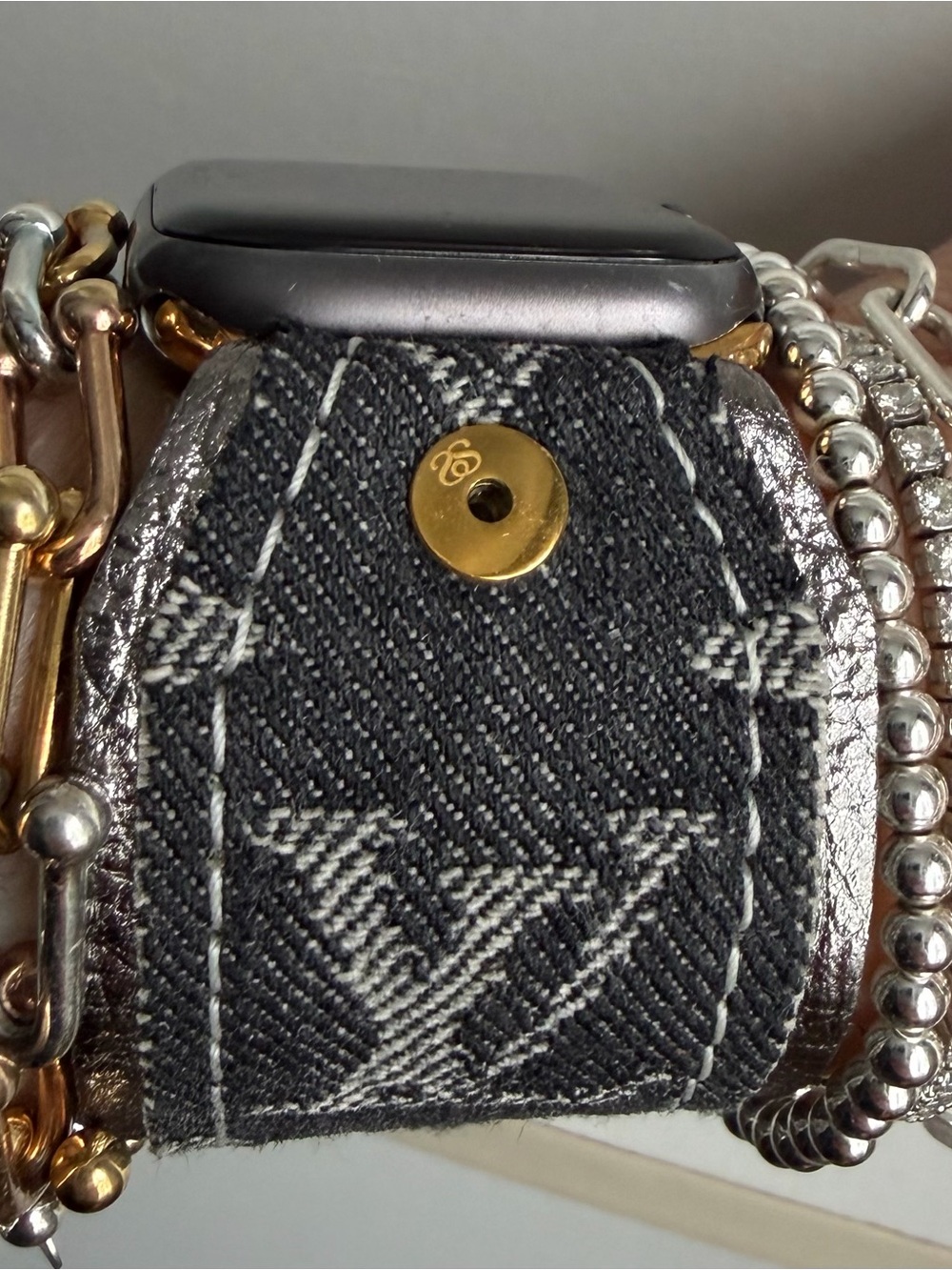 Upcycled Black LV Denim Spark*l bow band for Apple Watch, size XS/S - Picture 2 of 6
